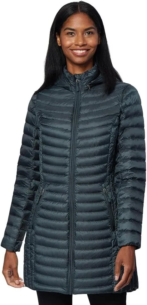32 Degrees Women’s Ultra-Light Packable Down 3/4 Length Long Jacket with Detachable Hood