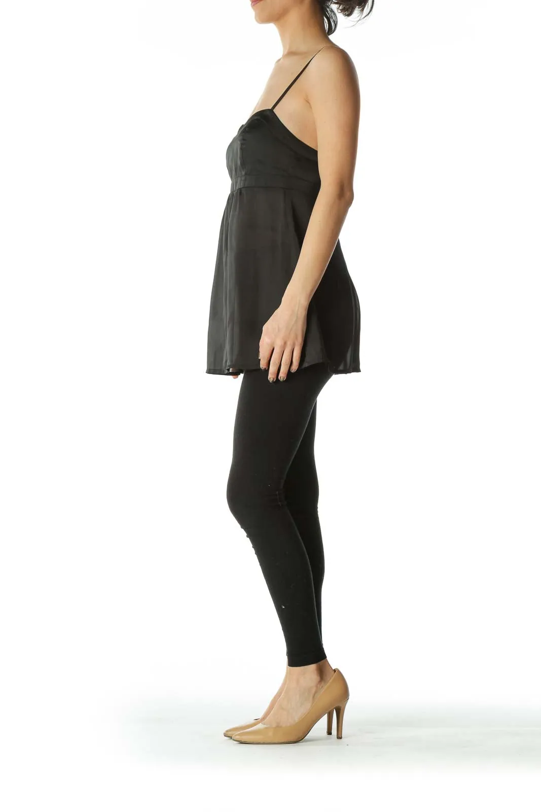Black Faux-Satin Empire-Waist Flared Slip Tank