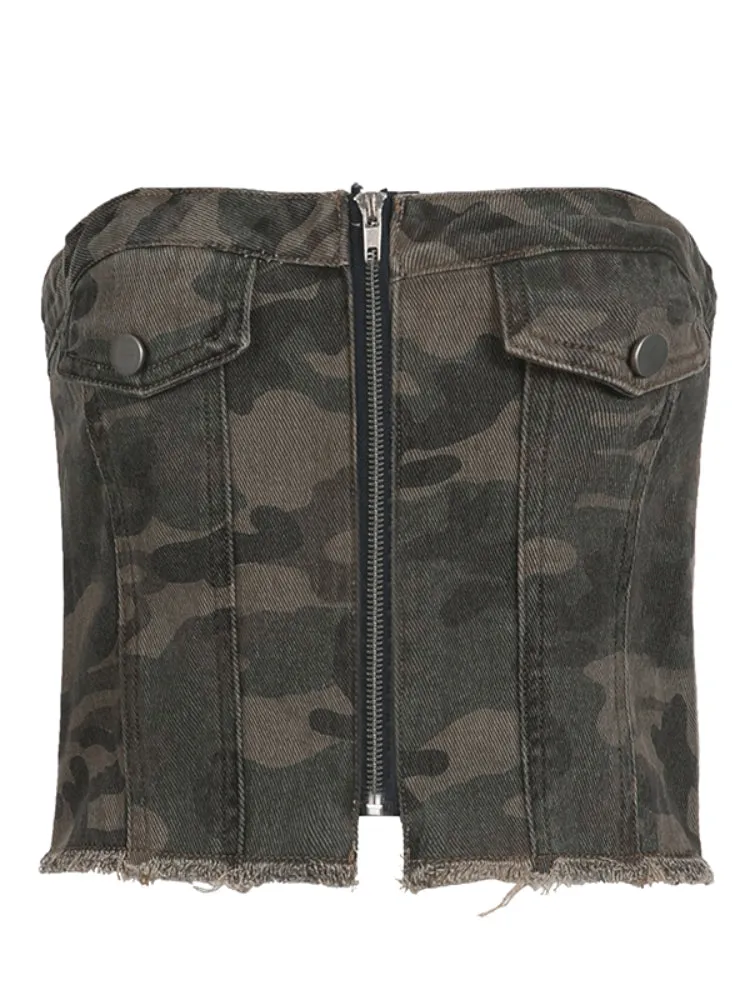 Camouflage Strapless Zipper Burr Short Top