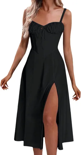 Floral Midi Corset Dress Boho Flowy Slit Lace Up Dresses for Women Going Out A Line Casual Sundress