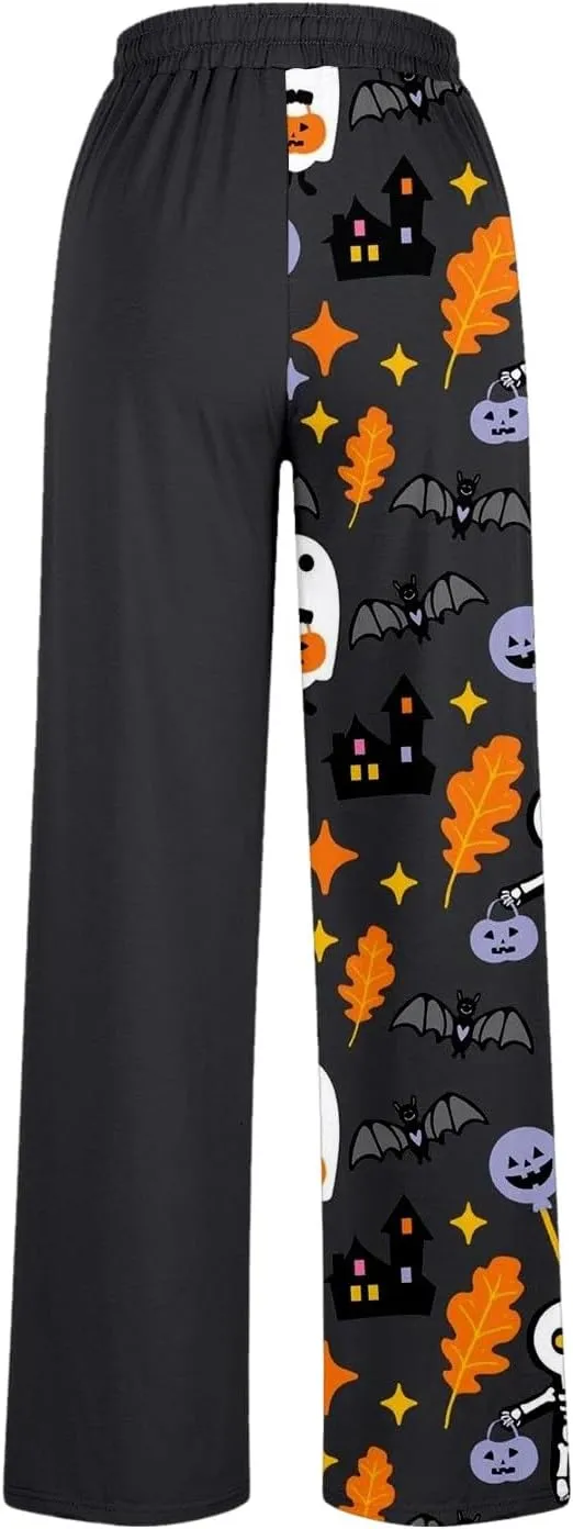 Halloween Sweatpants Pockets Print Wide Leg Joggers Elastic High Waist Pants with Workout Loose Pants with Pockets