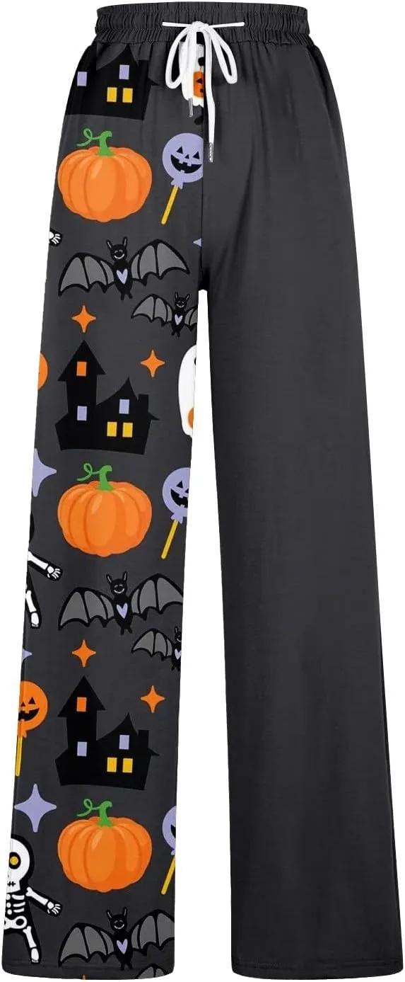 Halloween Sweatpants Pockets Print Wide Leg Joggers Elastic High Waist Pants with Workout Loose Pants with Pockets