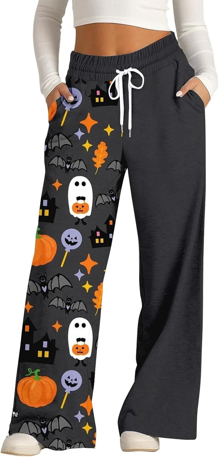 Halloween Sweatpants Pockets Print Wide Leg Joggers Elastic High Waist Pants with Workout Loose Pants with Pockets