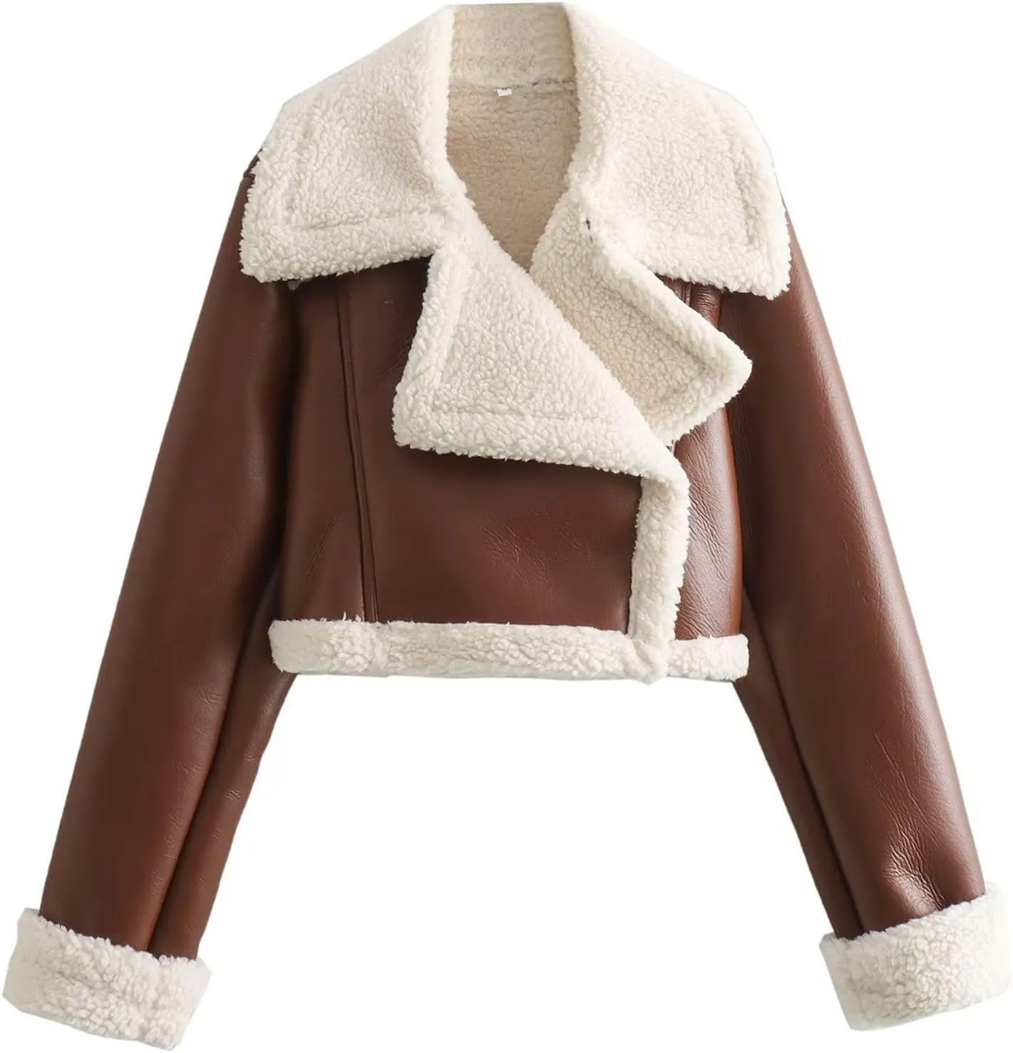 hlysgo Women Winter Jacket Faux Leather Thicken Fleece Lined Motorcycle Jacket Shearling Fluffy Coat Cropped Bomber Jacket