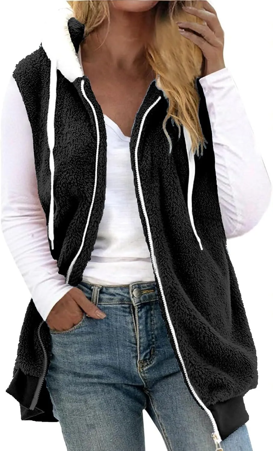 LCMTWX Womens 2023 Winter Fuzzy Fleece Jacket Pocket Zipper Coat Solid Oversized Fuzzy Fleece Fluffy Faux Fur