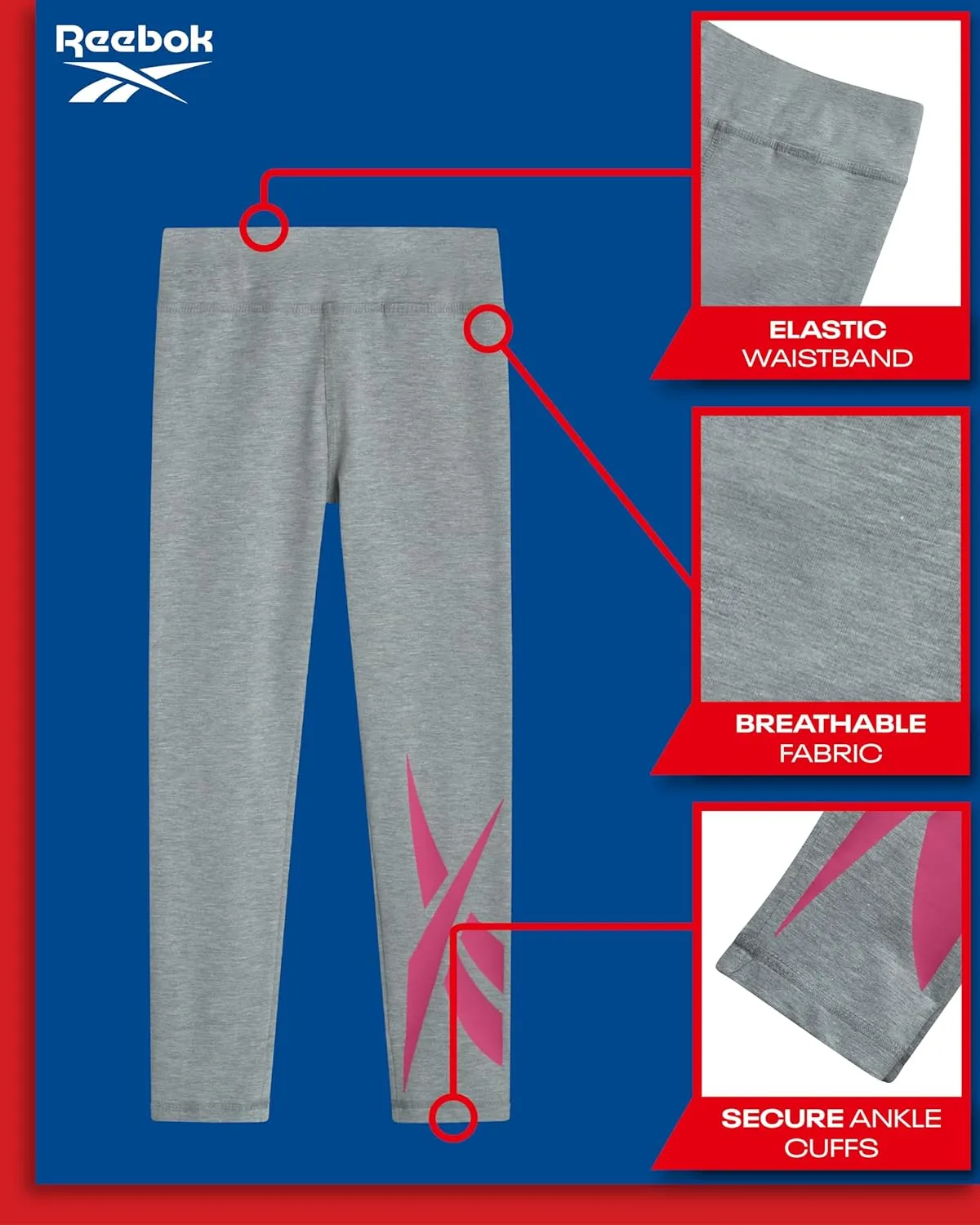 Reebok Girls Leggings - Athletic Performance Cotton Leggings - Stretchy Yoga Pants for Girls Dance Tights (Sizes: 7-12)