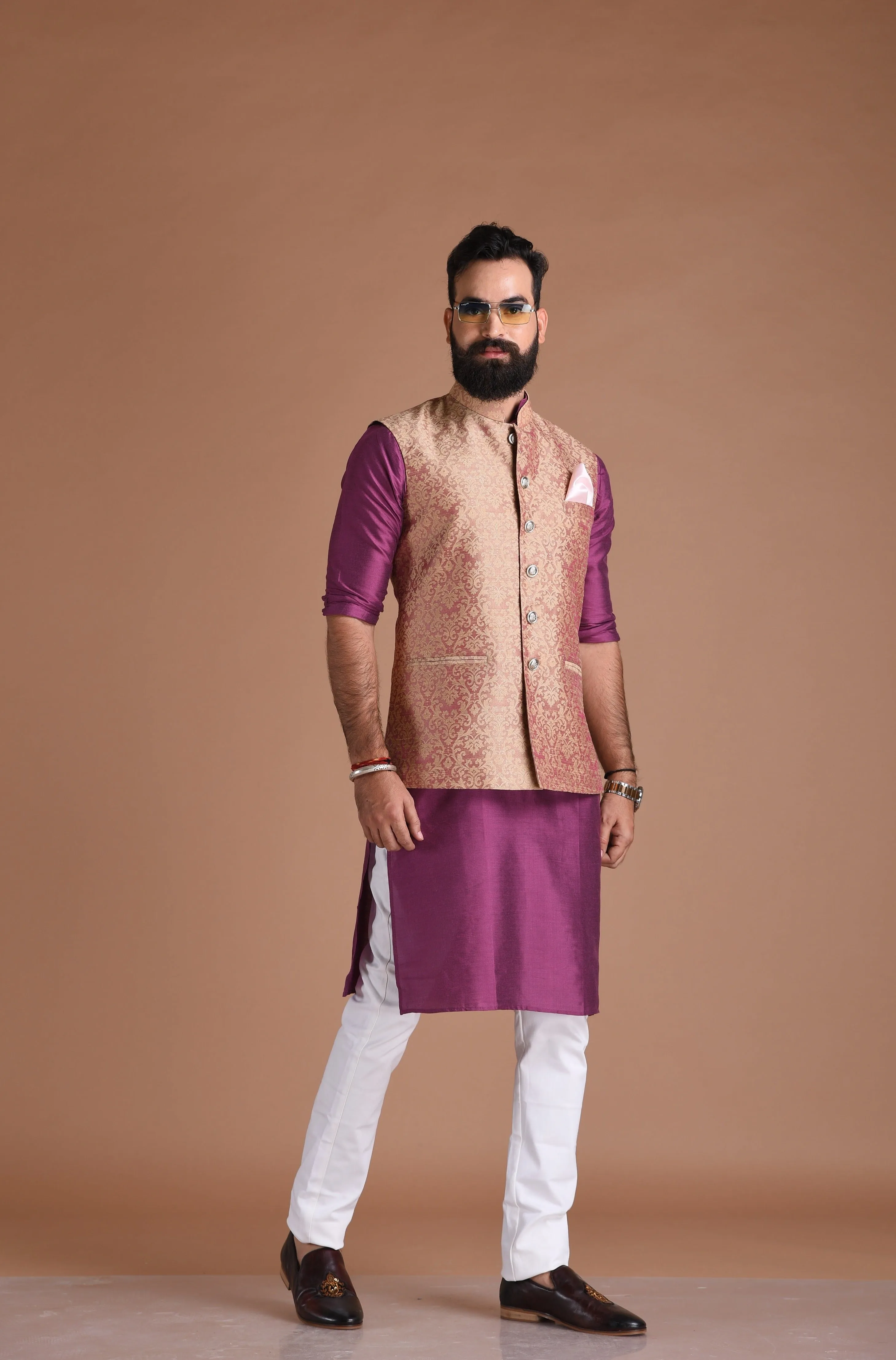 Royal Floral Pattern Banarasi Brocade Half Jodhpuri Jacket with Silk Kurta Pajma Set|Purple | Fee Personalisation | Wedding Functions