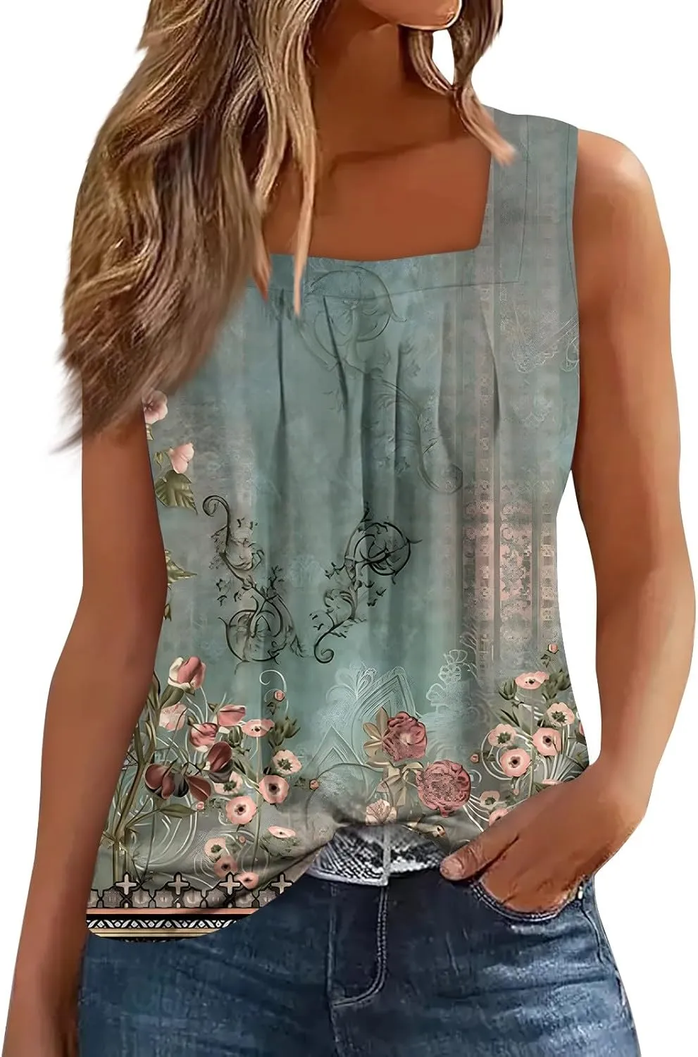 Ruffled Square Collar Tank Top Women Striped Tank Tee 2025 Summer Casual Loose Fit Sleeveless Shirt