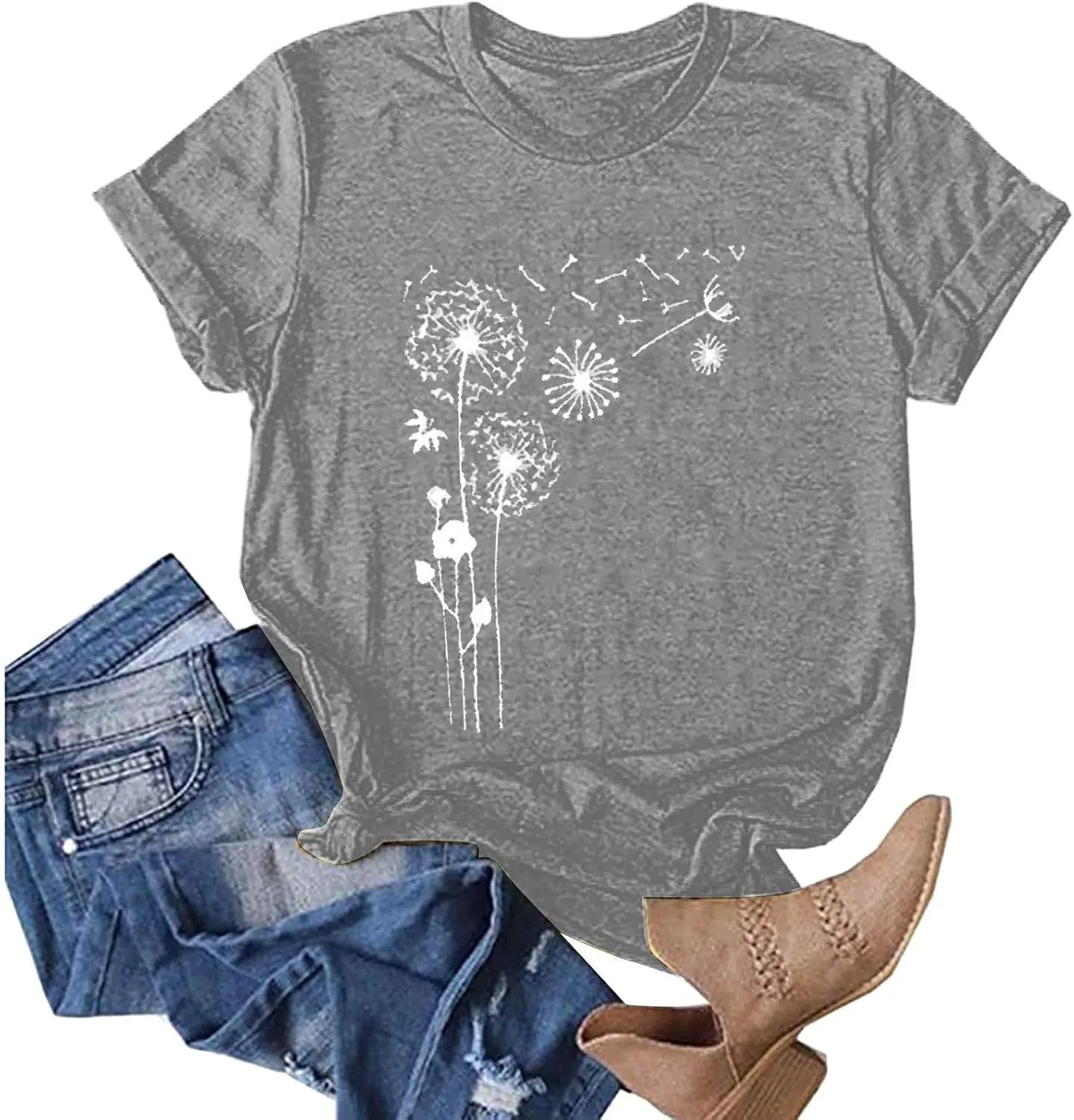 Short Sleeve Shirts for Women Cute Floral Pattern Crewneck Casual Tshirt Summer Thin Lightweight Breathable Tunic Top