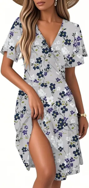 Summer Dresses for Women 2025 Floral Short Sleeve Wrap V Neck A-Line Midi Dress Flowy Beach Vacation Sundress