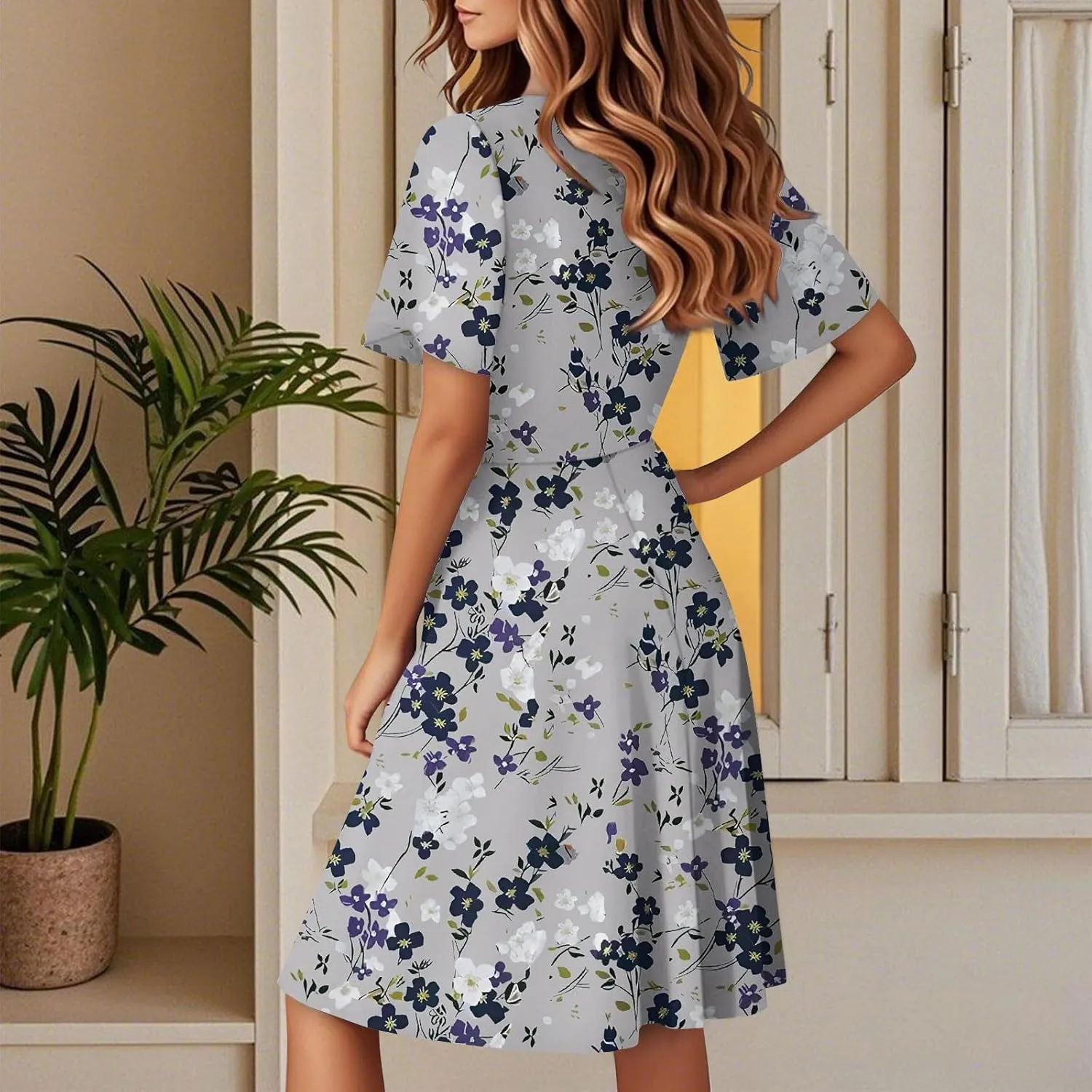 Summer Dresses for Women 2025 Floral Short Sleeve Wrap V Neck A-Line Midi Dress Flowy Beach Vacation Sundress