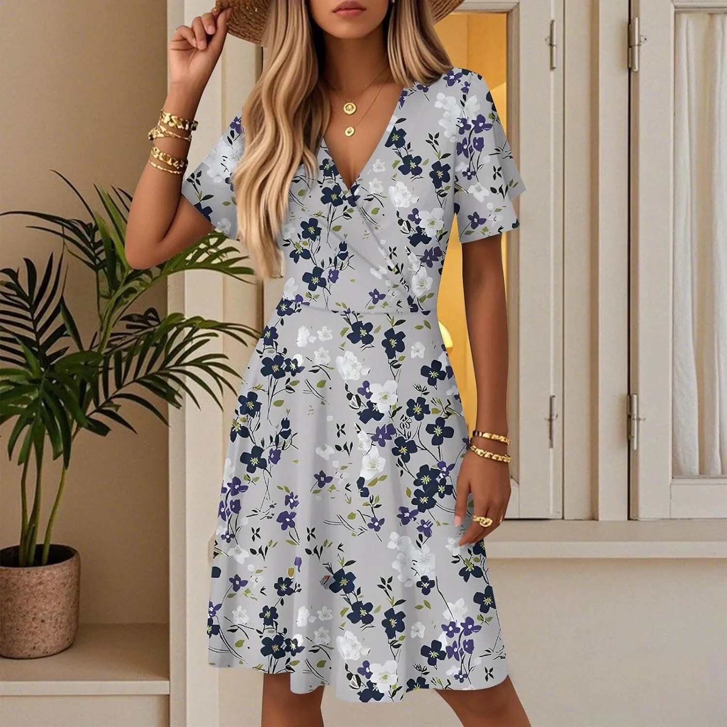 Summer Dresses for Women 2025 Floral Short Sleeve Wrap V Neck A-Line Midi Dress Flowy Beach Vacation Sundress