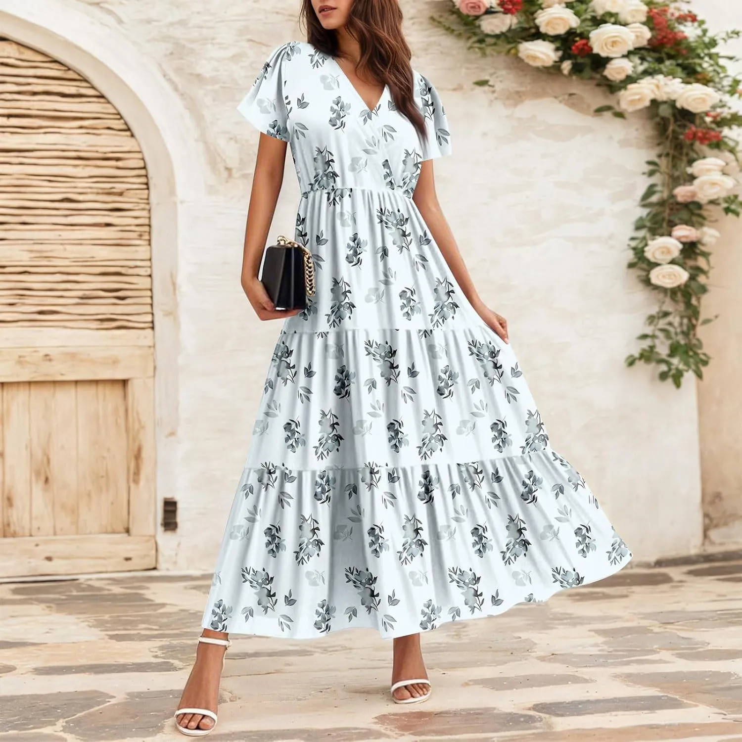 Summer Dresses for Women Crewneck Short Sleeve A Line Casual Floral Dresses Chiffon Tie Waist Pleated Midi Dress