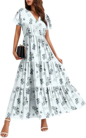 Summer Dresses for Women Crewneck Short Sleeve A Line Casual Floral Dresses Chiffon Tie Waist Pleated Midi Dress