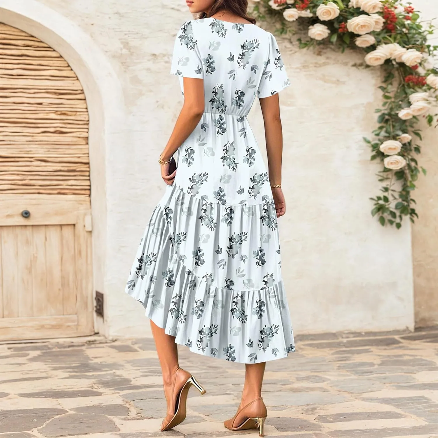 Summer Dresses for Women Crewneck Short Sleeve A Line Casual Floral Dresses Chiffon Tie Waist Pleated Midi Dress