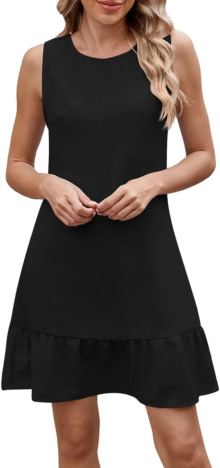 Summer Dresses for Women Sleeveless Crew Neck Sundresses Casual Beach Mini Dress Loose Fit Ruffle Hem Sun Dress