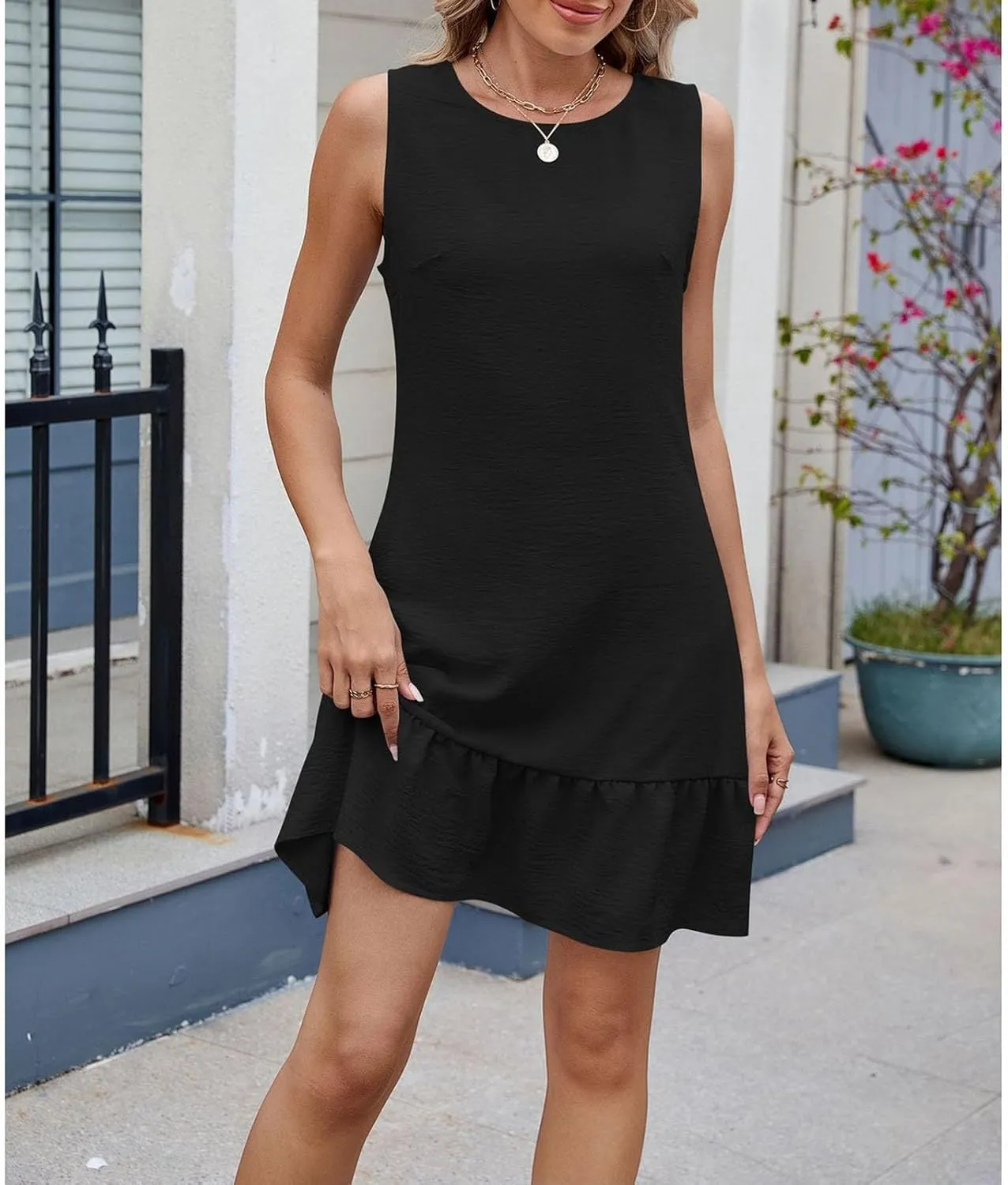 Summer Dresses for Women Sleeveless Crew Neck Sundresses Casual Beach Mini Dress Loose Fit Ruffle Hem Sun Dress