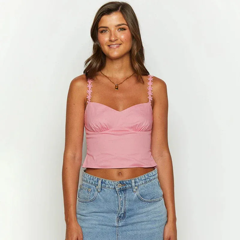 Summer Flower Ruched Tanks Slim Ladies Thin Spaghetti Strap Camisole Tank Top
