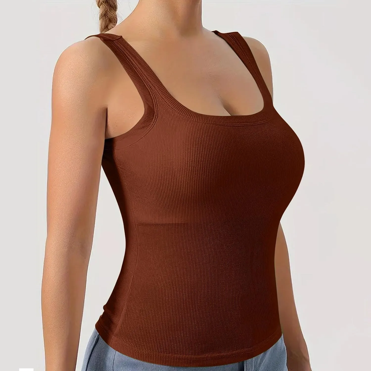 Summer Tank Tops for Women Built in Bra Trendy Sleeveless U Neck Padded Shirts Solid Sexy Knitted Vacation Camisole