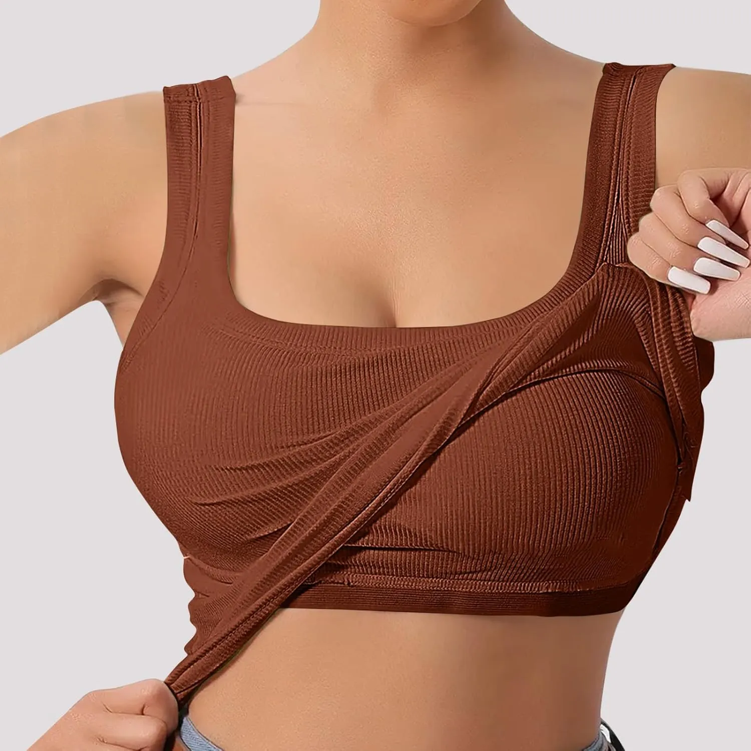 Summer Tank Tops for Women Built in Bra Trendy Sleeveless U Neck Padded Shirts Solid Sexy Knitted Vacation Camisole