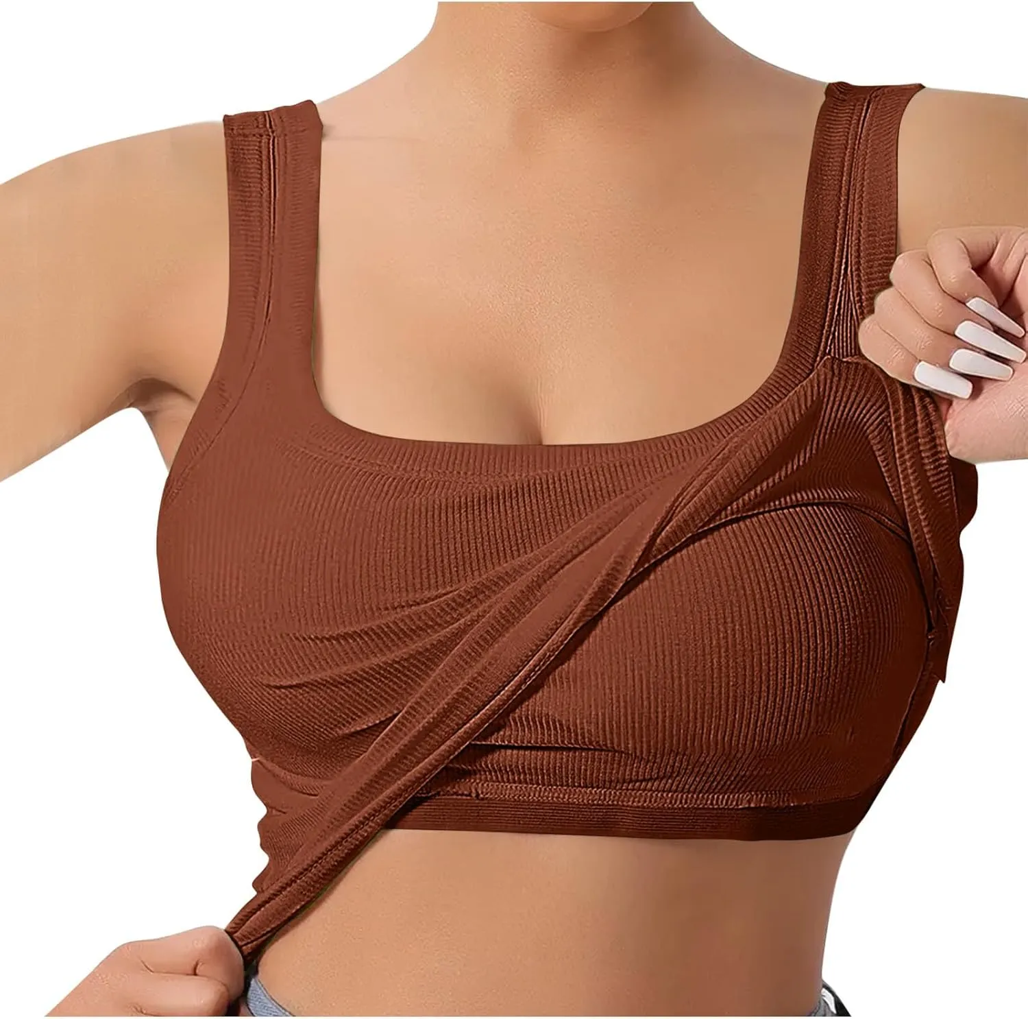 Summer Tank Tops for Women Built in Bra Trendy Sleeveless U Neck Padded Shirts Solid Sexy Knitted Vacation Camisole