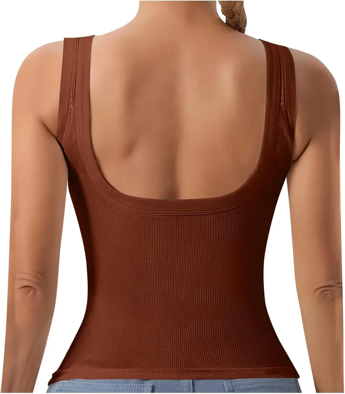 Summer Tank Tops for Women Built in Bra Trendy Sleeveless U Neck Padded Shirts Solid Sexy Knitted Vacation Camisole