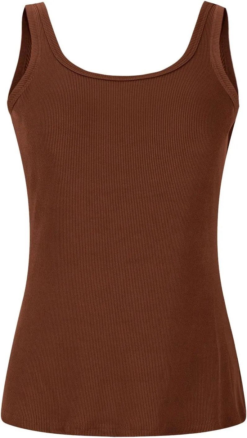 Summer Tank Tops for Women Built in Bra Trendy Sleeveless U Neck Padded Shirts Solid Sexy Knitted Vacation Camisole
