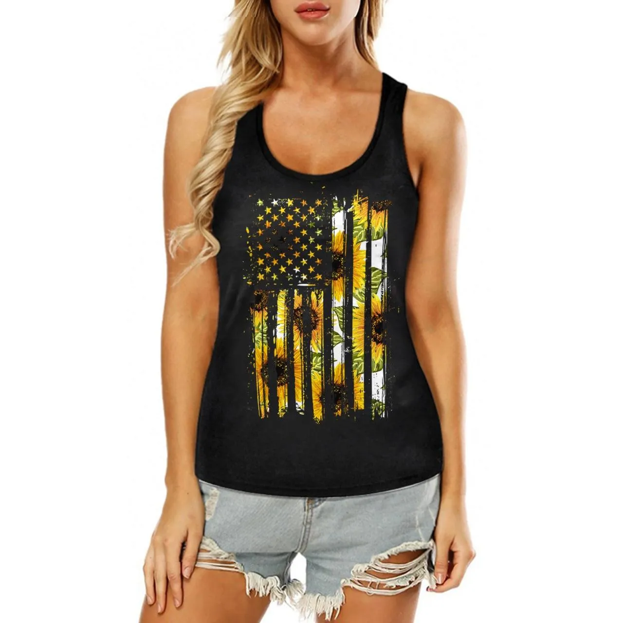 Sunflowers American Flag Tank Top, Comfortable Sleeveless Cloth For Women