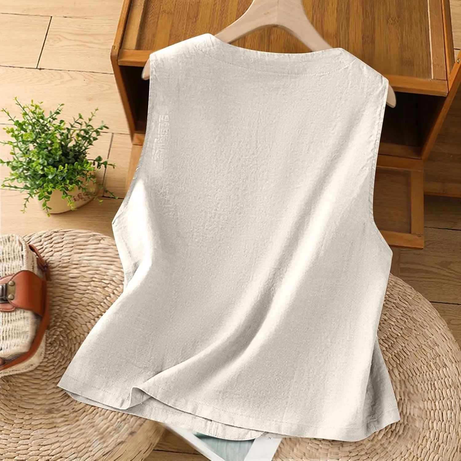 Tank Tops for Women Trendy Casual Flowy Sleeveless Button Crew Neck Solid Top with Pocket Summer 2025 Vacation Tank