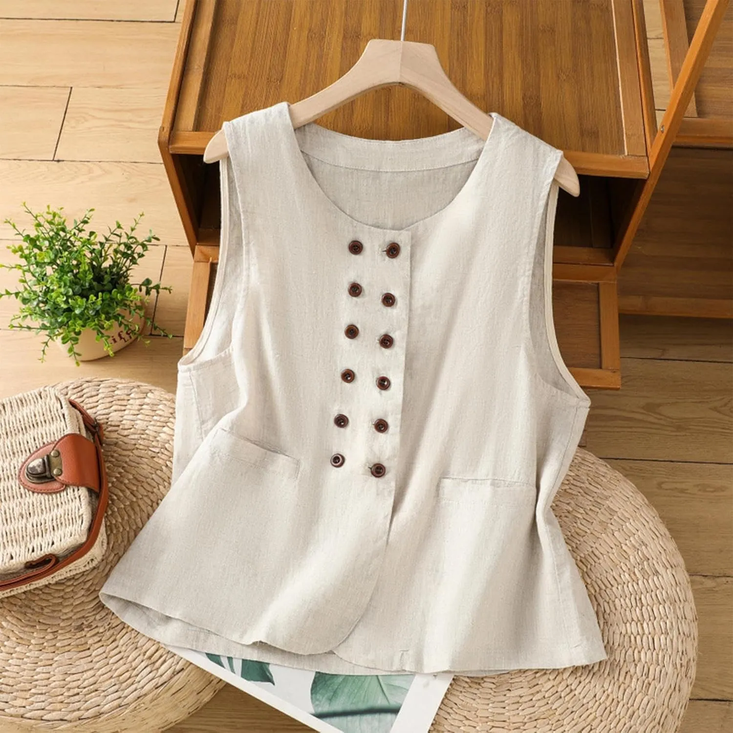 Tank Tops for Women Trendy Casual Flowy Sleeveless Button Crew Neck Solid Top with Pocket Summer 2025 Vacation Tank