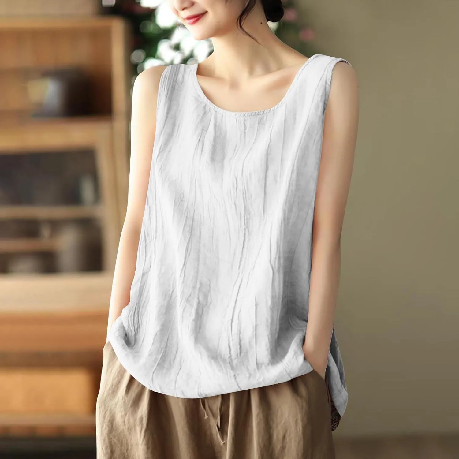 Women Cotton Linen Sleeveless Tank Tops Round Neck Solid Color Summer Shirt Casual Loose Comfy T-Shirt Blouse Vest
