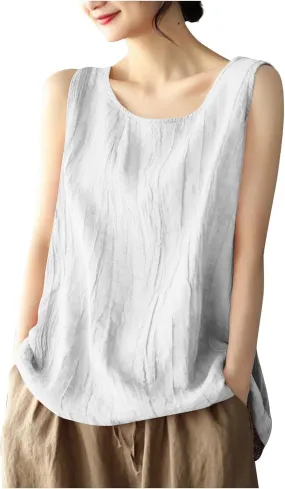 Women Cotton Linen Sleeveless Tank Tops Round Neck Solid Color Summer Shirt Casual Loose Comfy T-Shirt Blouse Vest