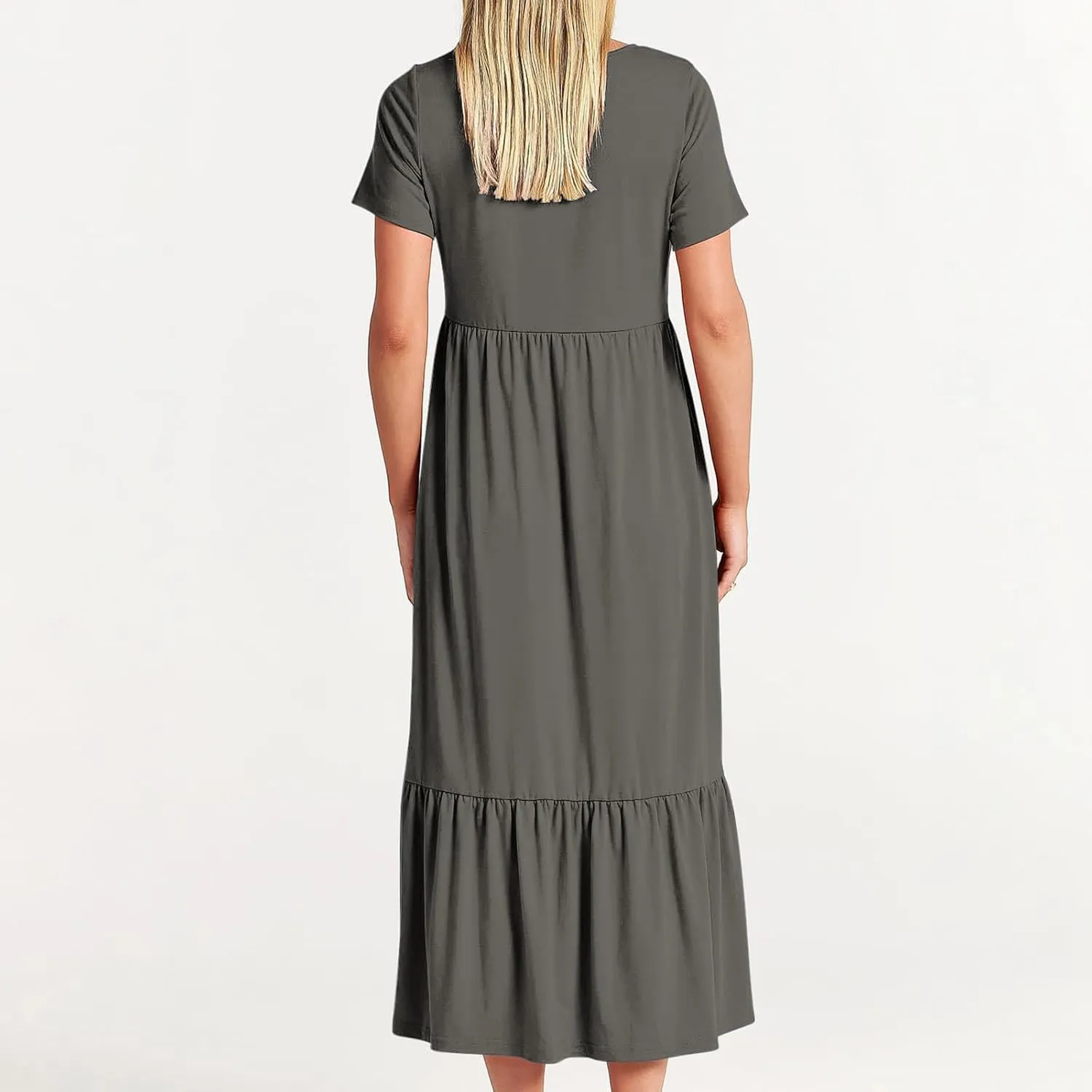 Women Summer Casual Maxi Dress Short Sleeve Crewneck A-line Dress Swing Ruffle Tiered Beach Sundress with Pockets