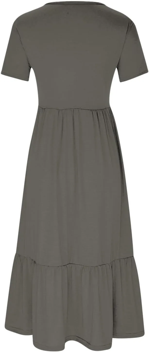Women Summer Casual Maxi Dress Short Sleeve Crewneck A-line Dress Swing Ruffle Tiered Beach Sundress with Pockets