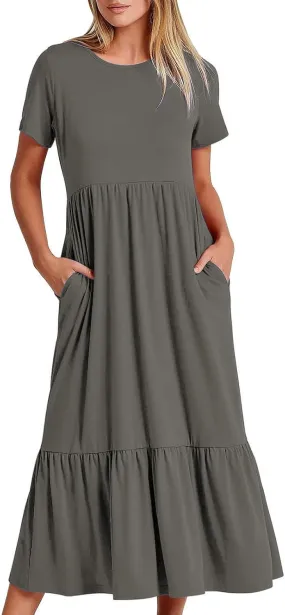 Women Summer Casual Maxi Dress Short Sleeve Crewneck A-line Dress Swing Ruffle Tiered Beach Sundress with Pockets