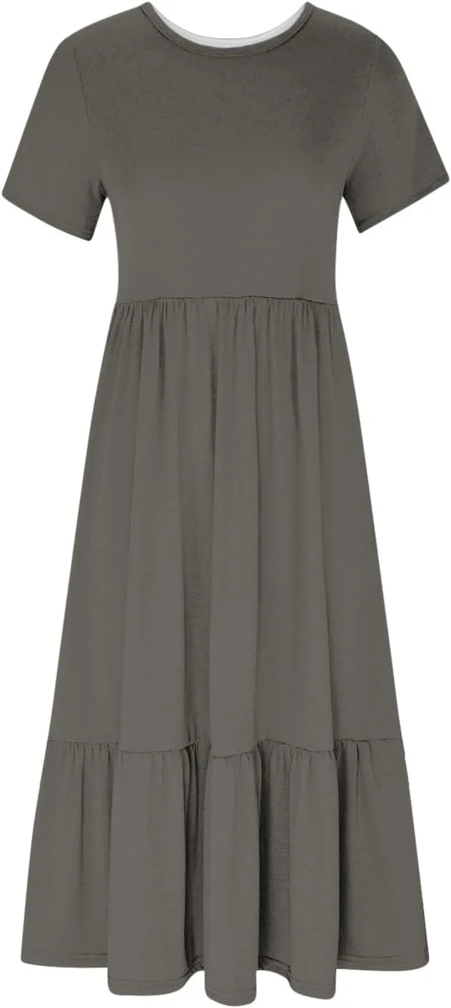 Women Summer Casual Maxi Dress Short Sleeve Crewneck A-line Dress Swing Ruffle Tiered Beach Sundress with Pockets