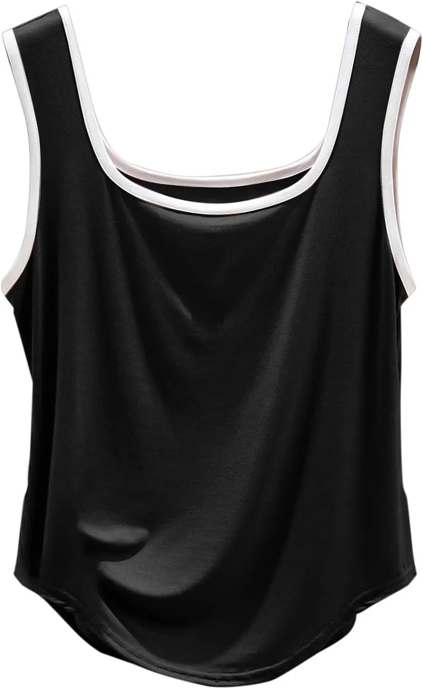 Women Tank Top Summer Fashion Clock Block Sleeveless Square Neck Shirt Casual Lightweight Breathable Athletic Blouse