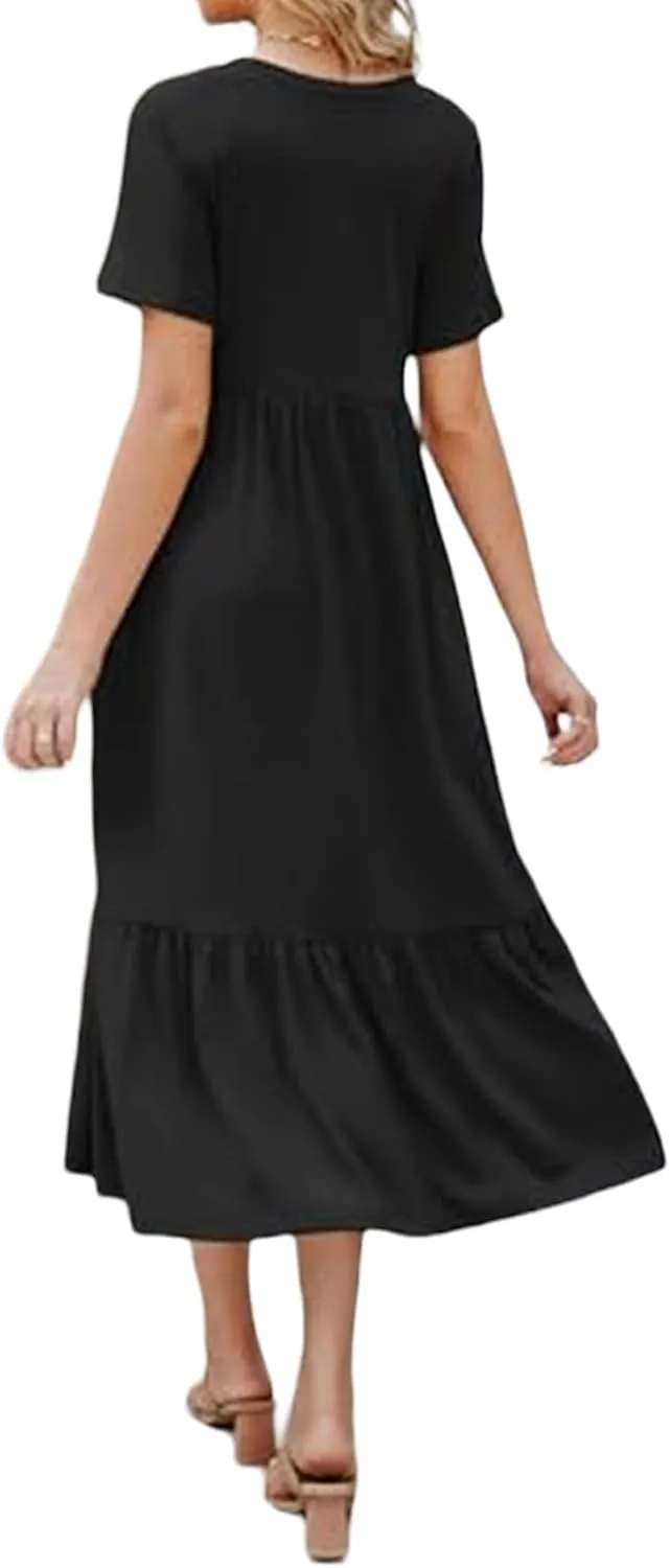 Women's 2025 Summer Long Maxi Dresses Casual Short Sleeve V Neck Flowy Tiered Beach Dress Trendy Outfits