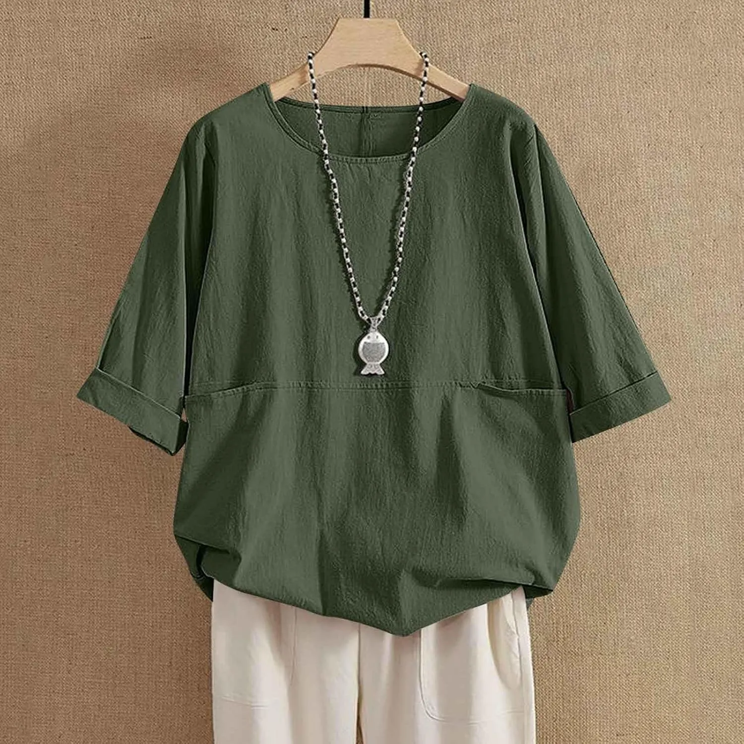 Women's Cotton Linen Shirts Patchwork Pocket Crewneck Rolled Sleeve T Shirts 2025 Summer Loose Breathable Tunic Tops