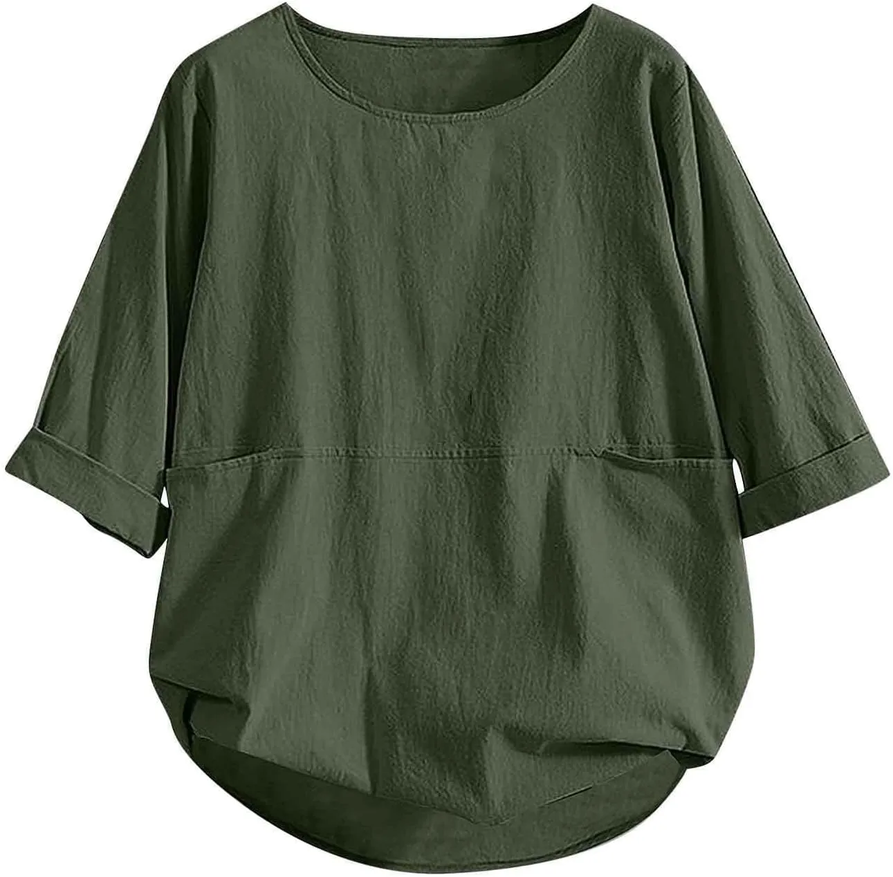 Women's Cotton Linen Shirts Patchwork Pocket Crewneck Rolled Sleeve T Shirts 2025 Summer Loose Breathable Tunic Tops