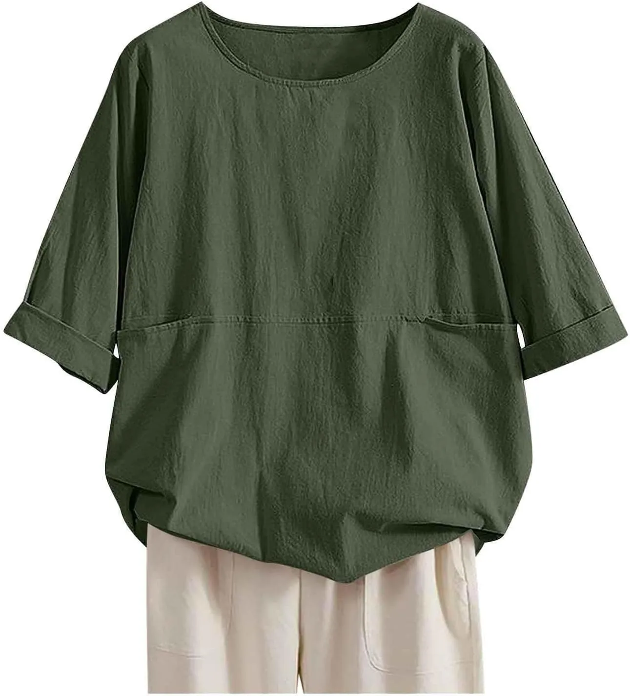 Women's Cotton Linen Shirts Patchwork Pocket Crewneck Rolled Sleeve T Shirts 2025 Summer Loose Breathable Tunic Tops
