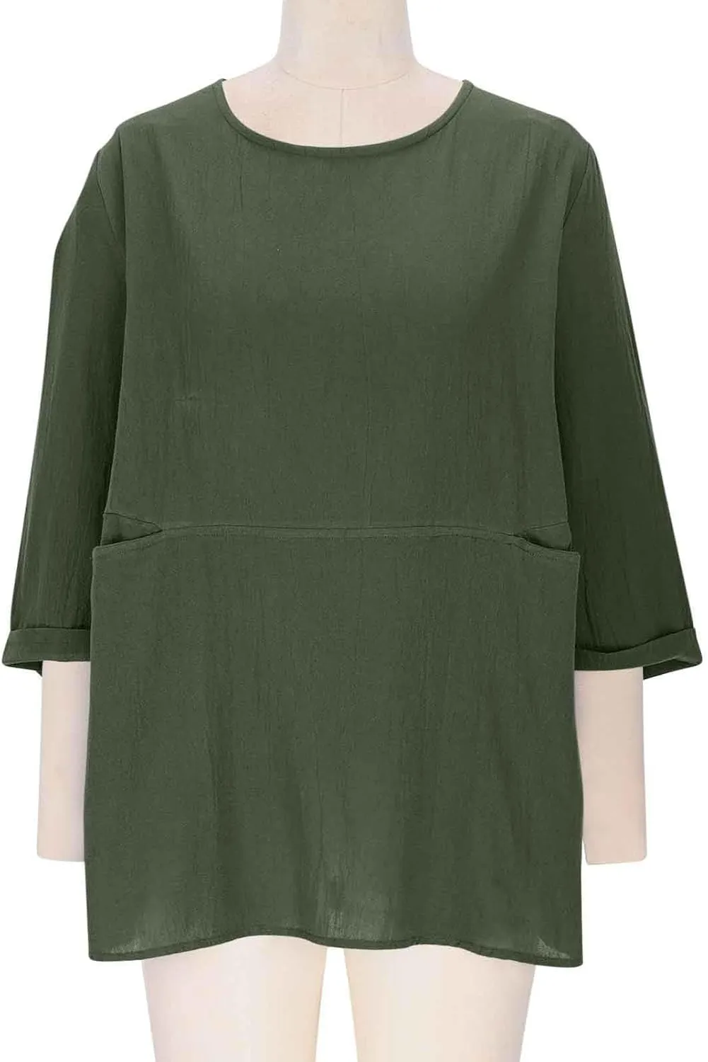 Women's Cotton Linen Shirts Patchwork Pocket Crewneck Rolled Sleeve T Shirts 2025 Summer Loose Breathable Tunic Tops