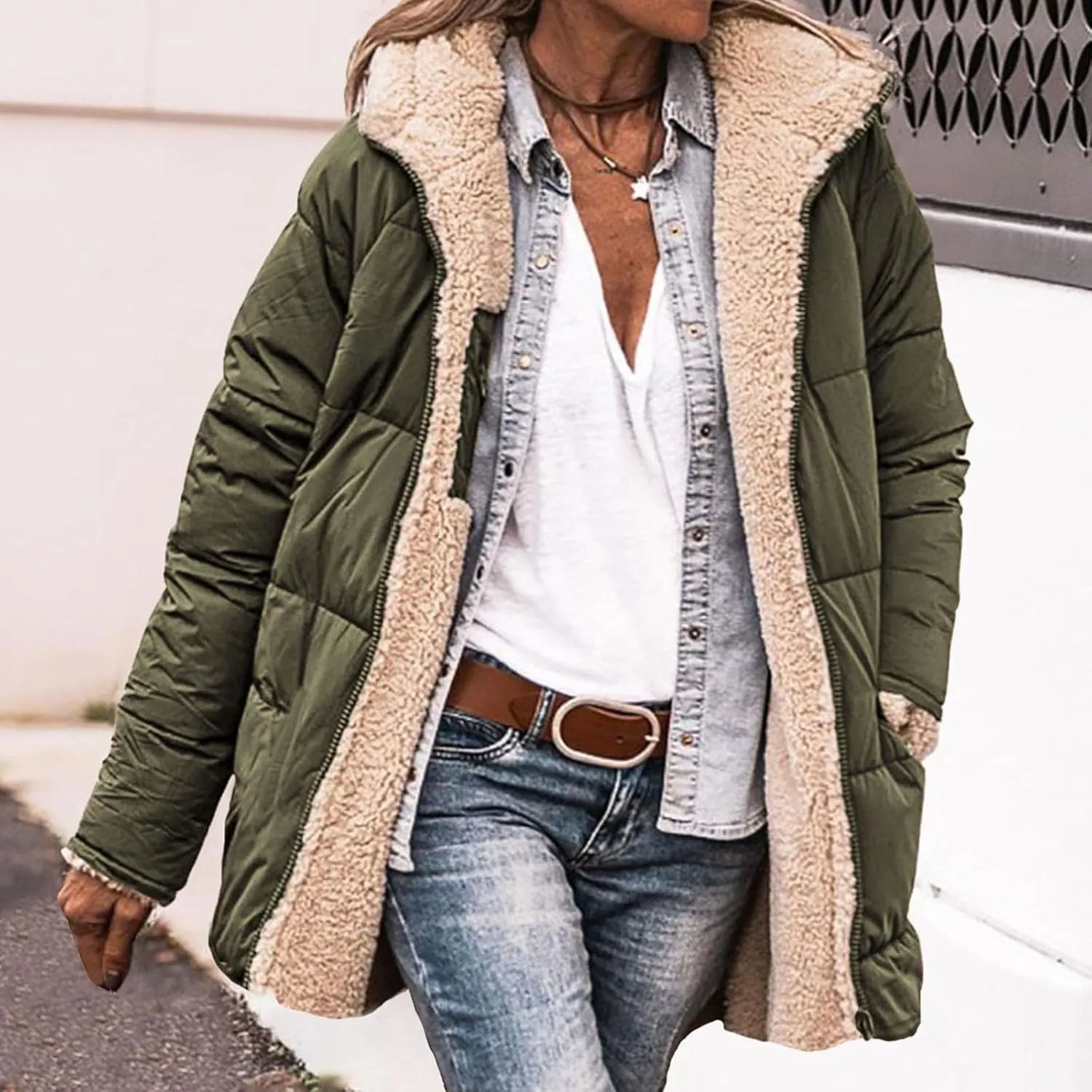 Women's Fall Winter Sherpa Jacket Warm Long Sleeve Full Zip Fleece Lined Hooded Jacket Coat Outerwear with Pockets