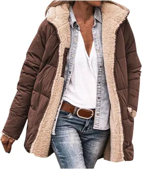 Women's Fall Winter Sherpa Jacket Warm Long Sleeve Full Zip Fleece Lined Hooded Jacket Coat Outerwear with Pockets