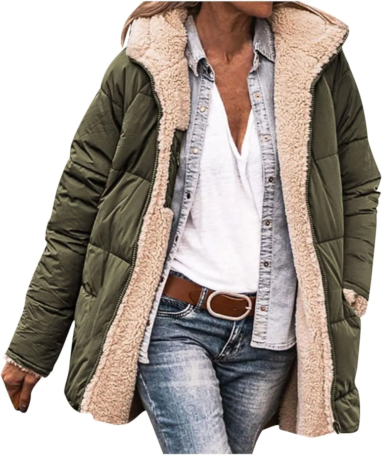 Women's Fall Winter Sherpa Jacket Warm Long Sleeve Full Zip Fleece Lined Hooded Jacket Coat Outerwear with Pockets
