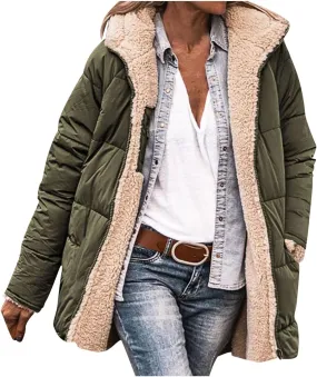 Women's Fall Winter Sherpa Jacket Warm Long Sleeve Full Zip Fleece Lined Hooded Jacket Coat Outerwear with Pockets