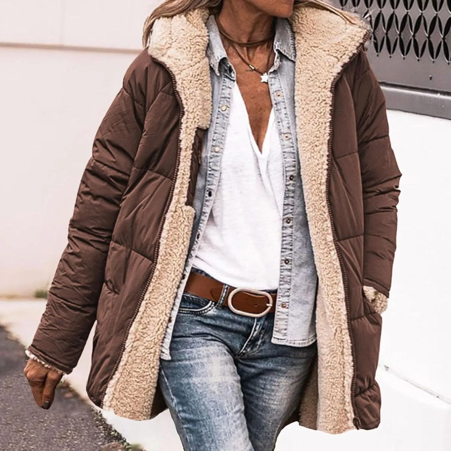 Women's Fall Winter Sherpa Jacket Warm Long Sleeve Full Zip Fleece Lined Hooded Jacket Coat Outerwear with Pockets