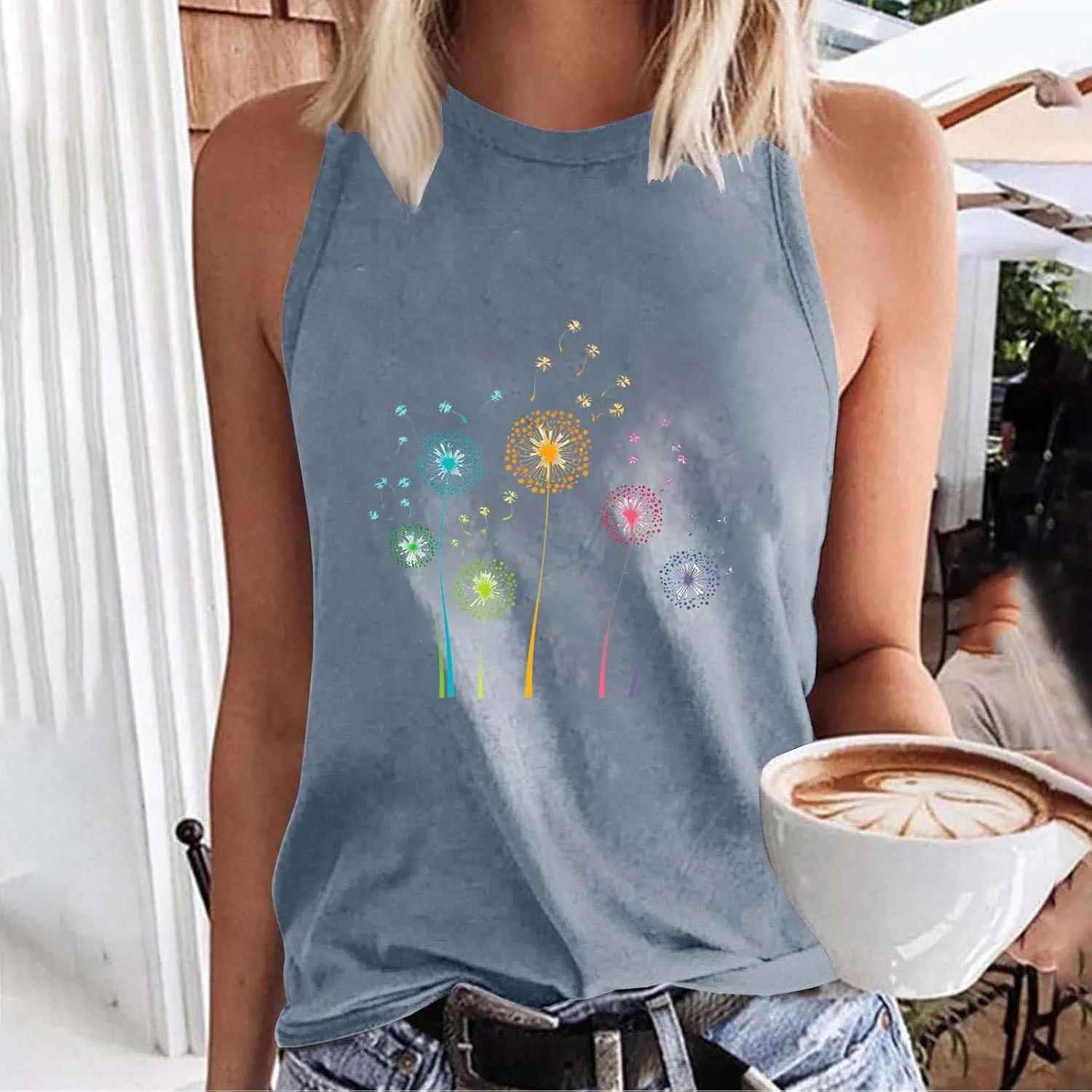 Womens Loose Casual Flowy Tank Tops Trendy Sleeveless Printed Solid Color Crewneck Outfits 2025 Vacation Summer Tank