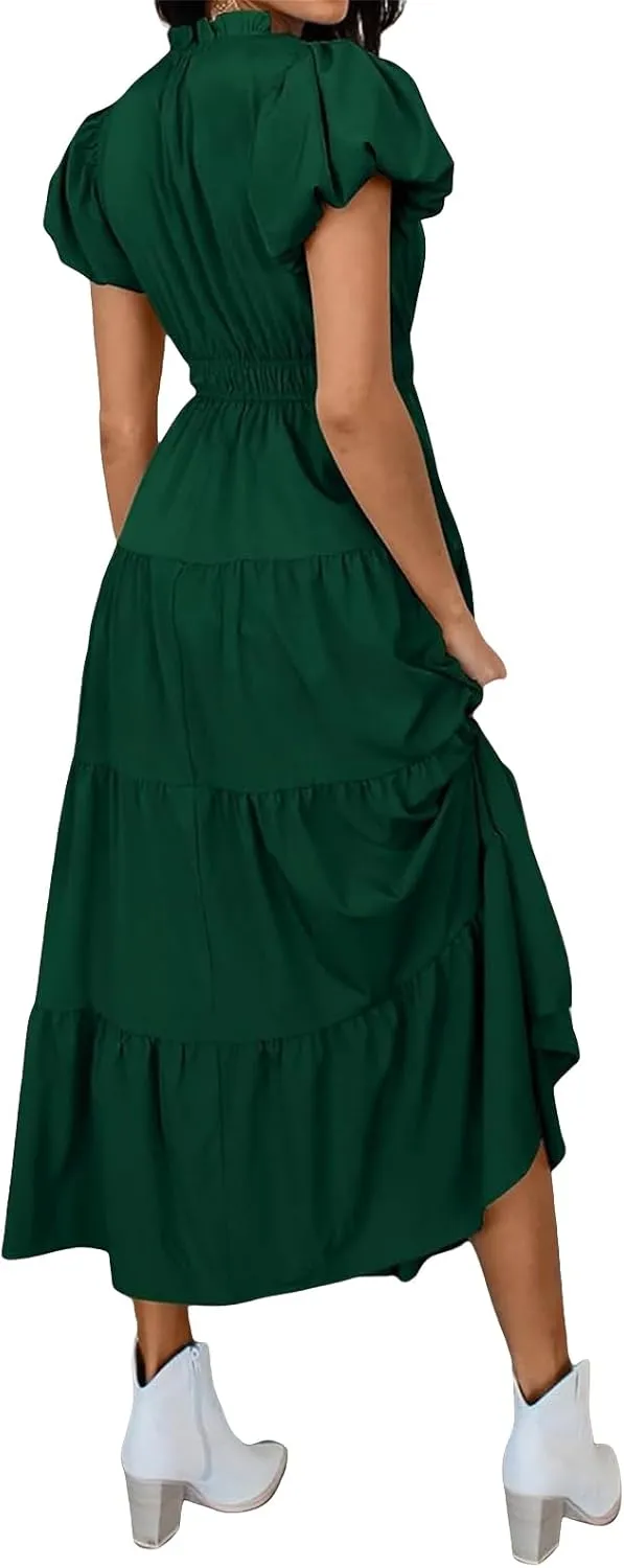 Womens Midi Dress Puff Short Sleeve V Neck Flowy Tiered Smocked Boho Beach Dresses with Pockets