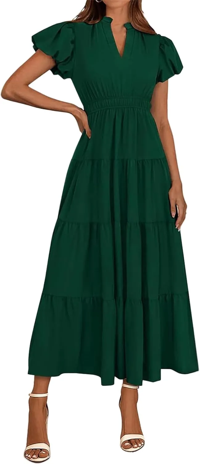 Womens Midi Dress Puff Short Sleeve V Neck Flowy Tiered Smocked Boho Beach Dresses with Pockets